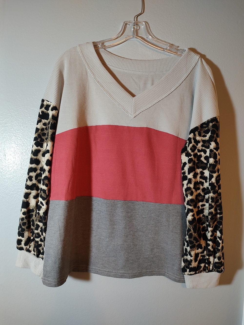 Waffle Knit Colorblock Sweater with Leopard Sleeve Detail - Pink/Grey/Cream